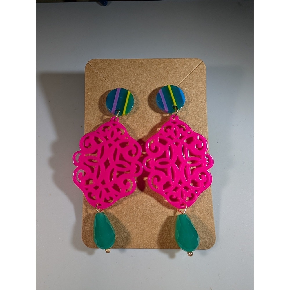Hot Pink Filigree‎ Statement Earrings Teal Green Teardrop Bead Striped Post New